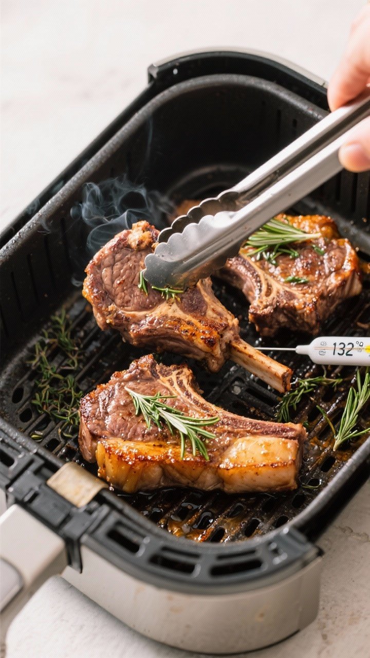 Cooking process: Lamb loin chops arranged in a single layer inside an open air fryer basket at 400°