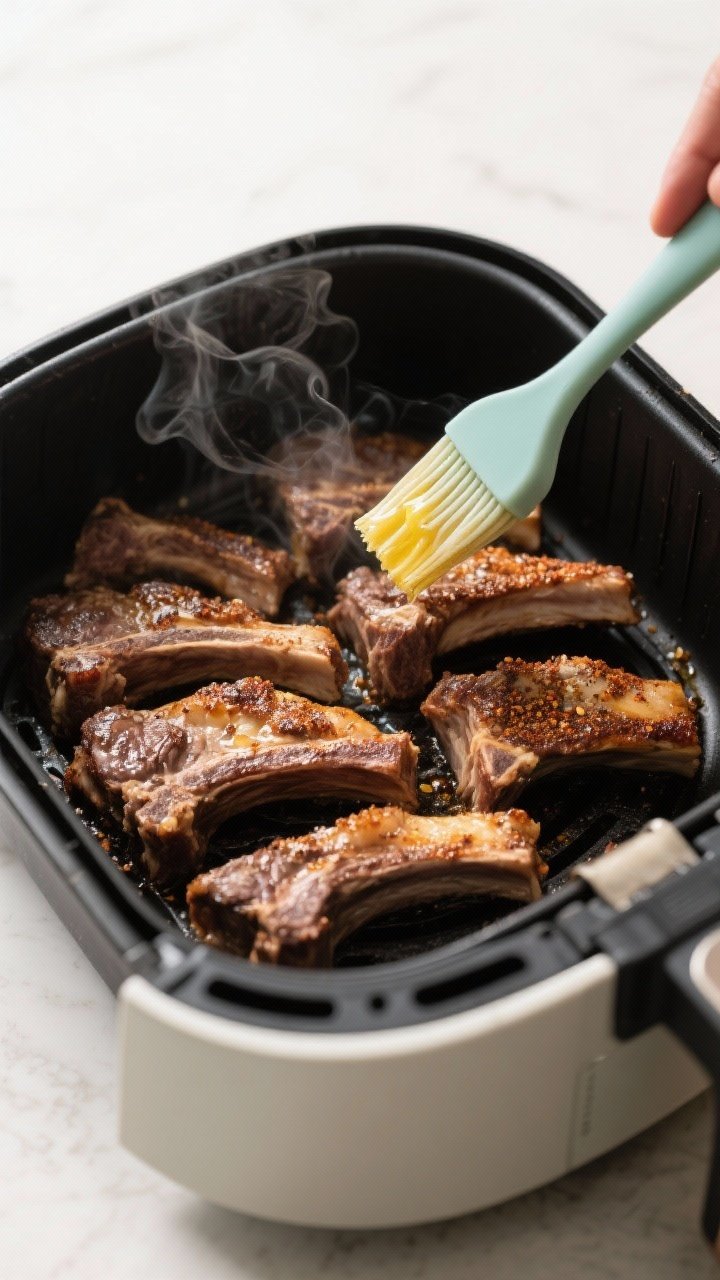 Cooking process: Lamb riblets arranged in a single layer in an air fryer mid-cook at 375°F, flipped