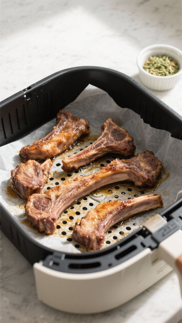 Cooking process: Lamb ribs in an air fryer basket during the first cook at 320°F, arranged in a sin