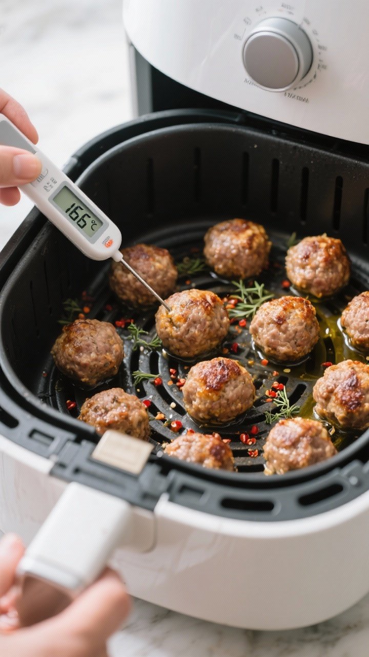 Cooking process: Meatballs arranged in a single layer inside an air fryer basket, mid-cook, with a f