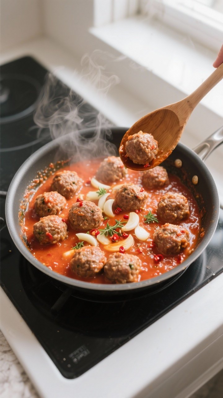 Cooking process: Meatballs being tossed into a bright, simmering tomato sauce in a stainless skillet
