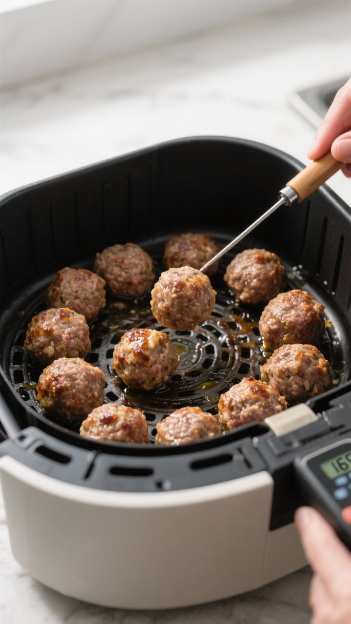 Cooking process: Meatballs spaced in a single layer inside an air fryer basket at 375°F, surfaces l