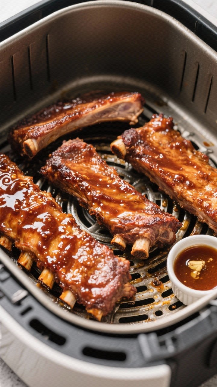 Cooking process: Meaty rib sections in an air fryer basket at 390°F, glaze being set—sauce visibl