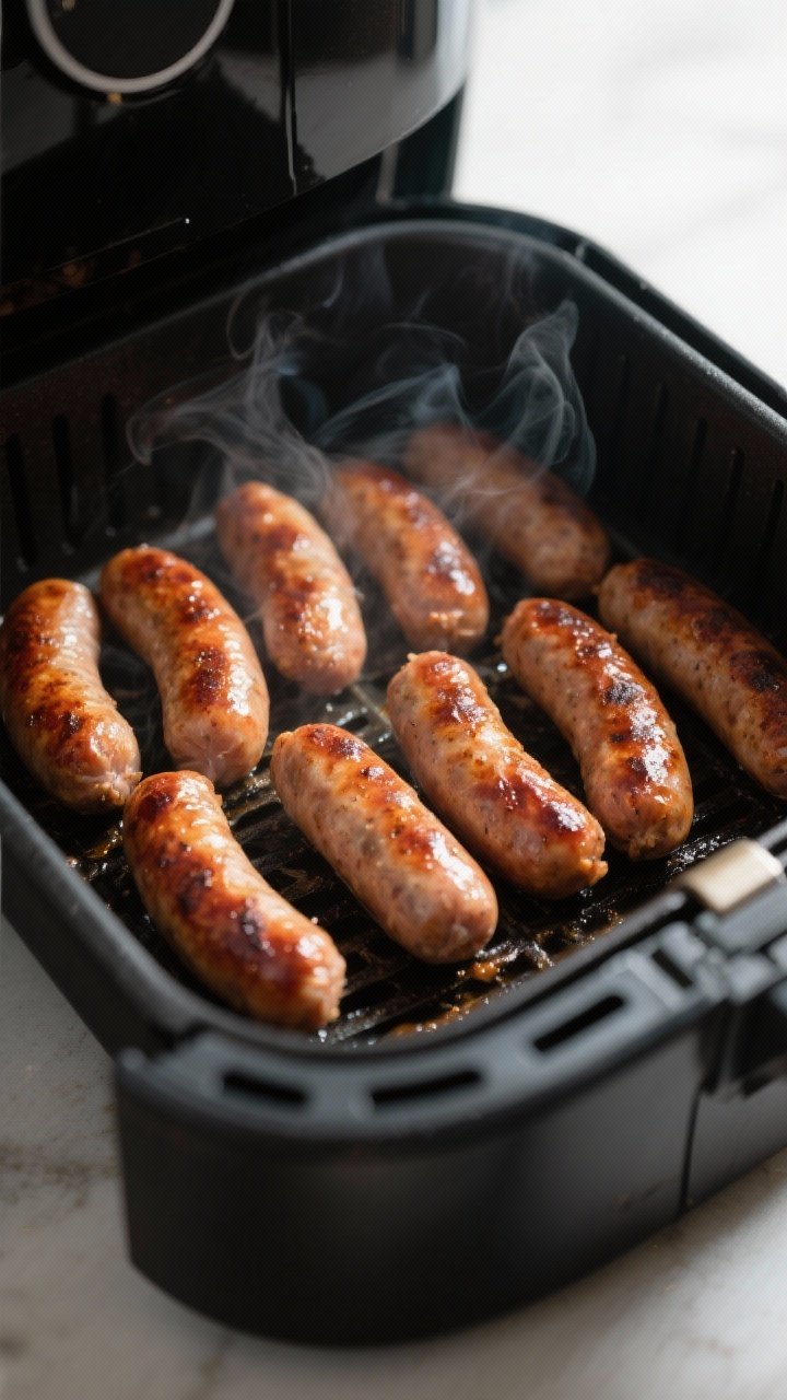 Cooking process, mid-cook: Air fryer basket at 375°F with evenly spaced breakfast sausage links siz