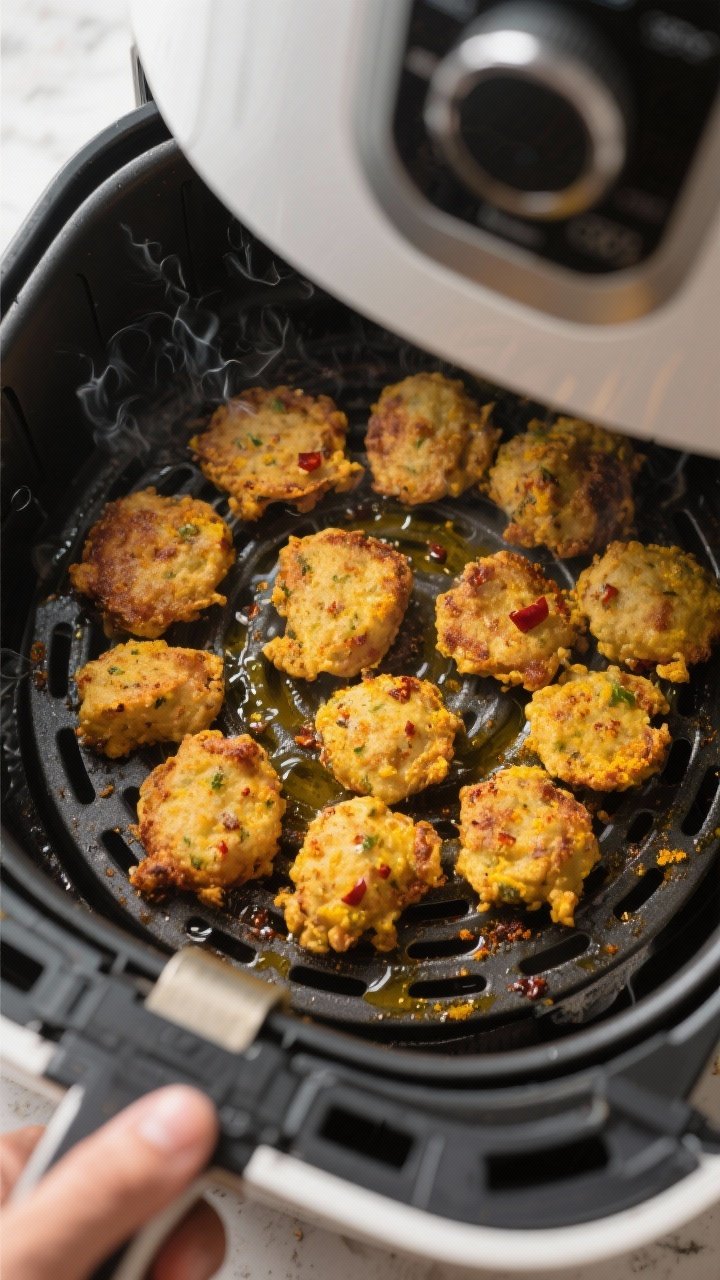Cooking process: Mid-cook overhead shot inside an air fryer basket at 380°F, small spaced clusters