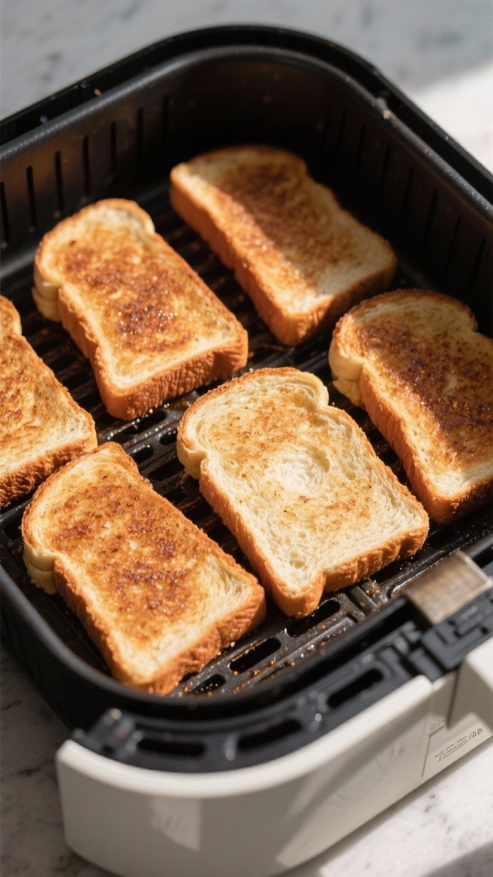 Cooking process: Mid-cook scene of Not-so-Frenchie toast arranged in a single layer in the air fryer