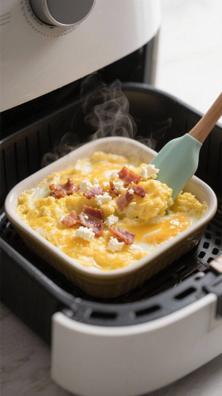 Cooking process, mid-cook stir: Close-up of glossy, soft-set scrambled eggs in a small oven-safe dis