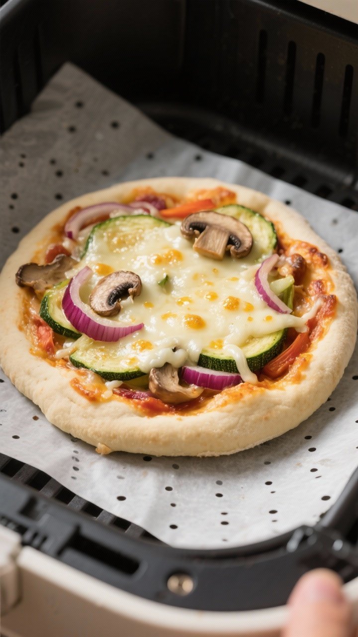 Cooking process: Mini pizza in the air fryer mid-cook at 375°F, toppings already softened and chees