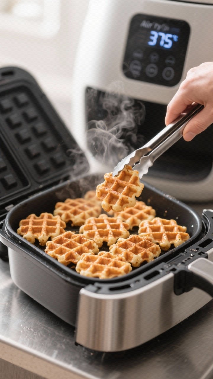 Cooking process: Mini waffle churros just transferred from the waffle maker into an air fryer basket