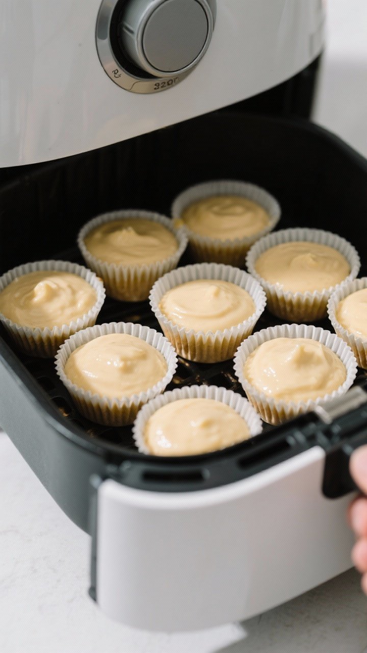 Cooking process: Muffin batter-filled silicone cups arranged in a single layer inside an air fryer b