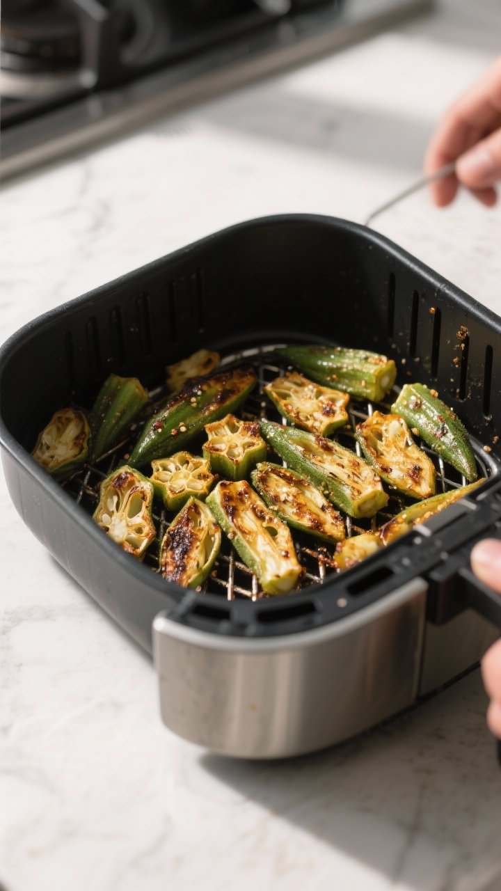 Cooking process: Okra slices in a single layer inside an open air fryer basket at 400°F, mid-cook s