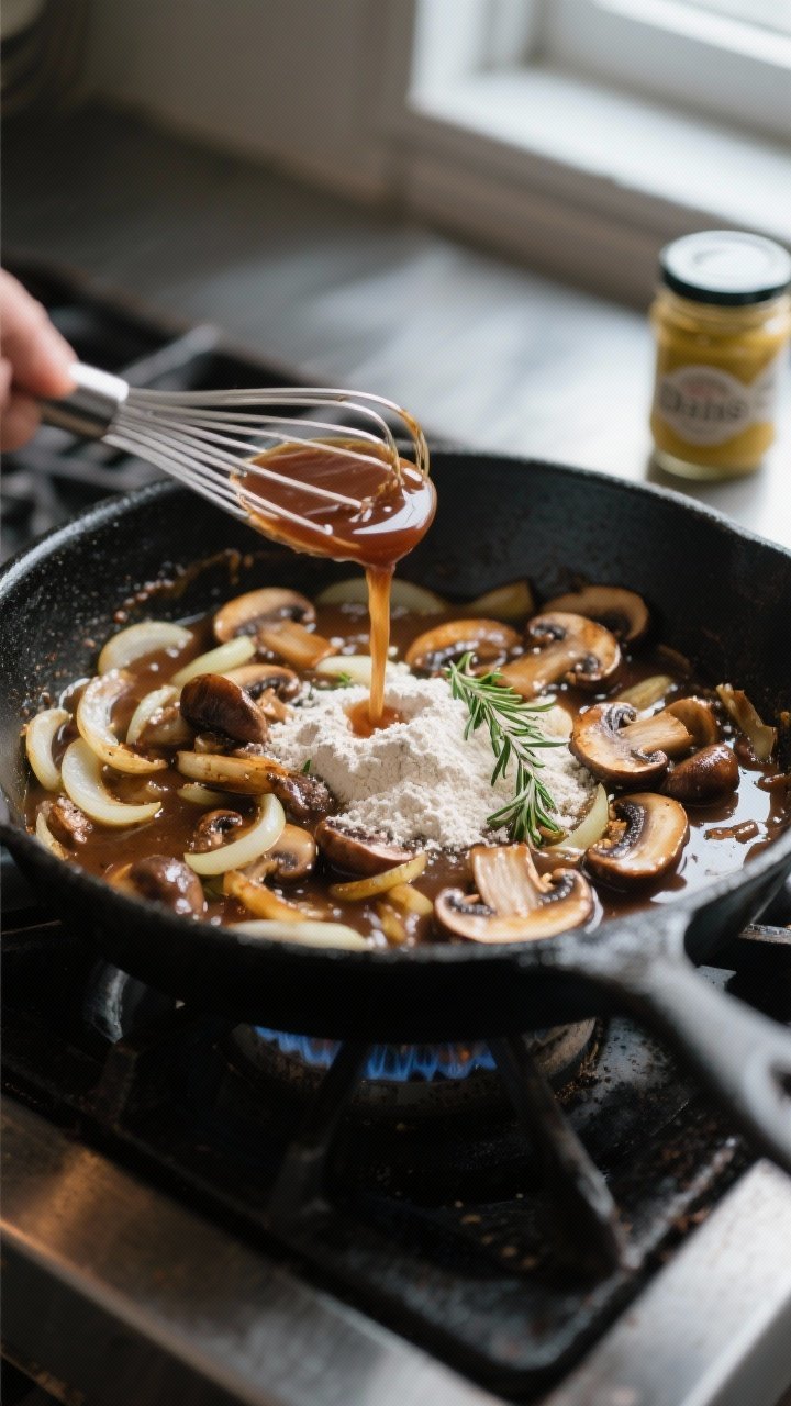 Cooking process: Onion-mushroom gravy developing in a black skillet on the stovetop—thinly sliced