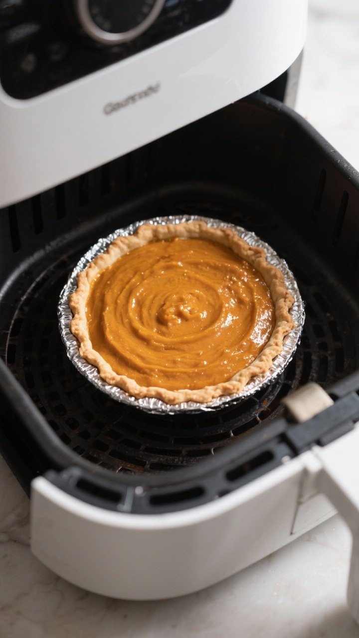 Cooking process: Overhead shot of a 7–8-inch pumpkin pie inside an air fryer basket mid-bake, foil
