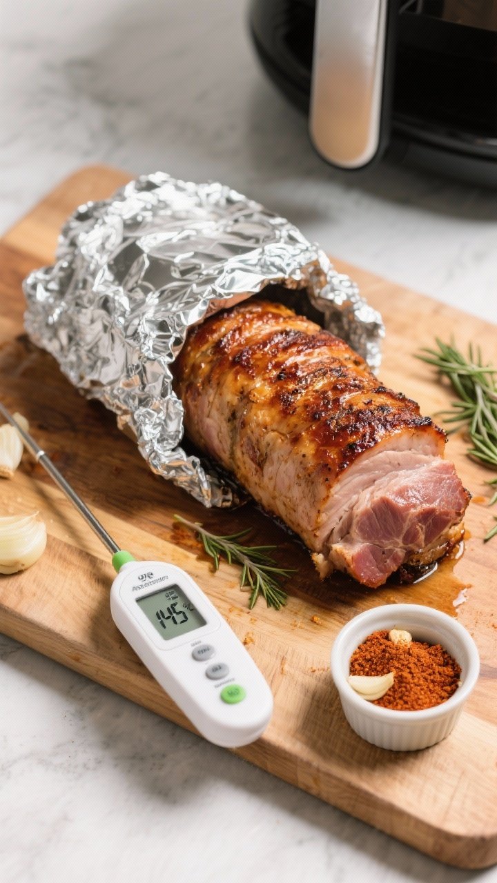 Cooking process: Overhead shot of a cooked pork tenderloin resting on a wooden cutting board, tented