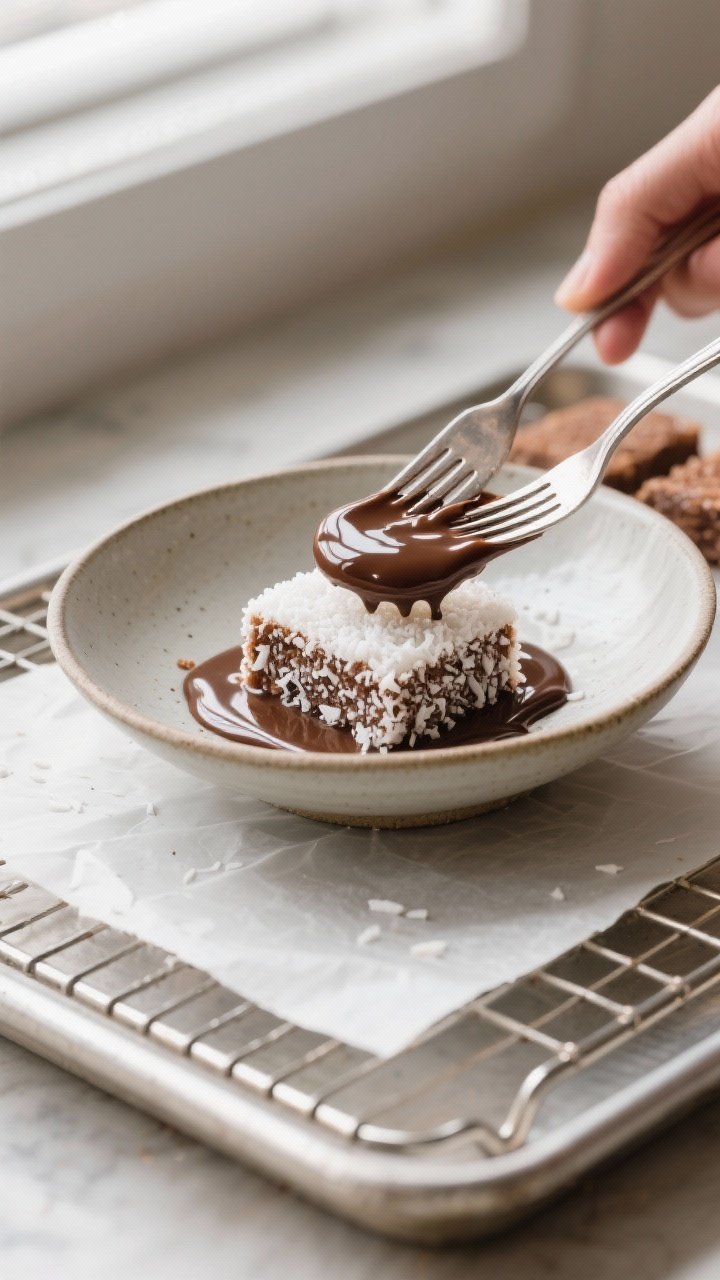 Cooking process: Overhead shot of a cooling rack set over a tray with freshly dipped lamington squar