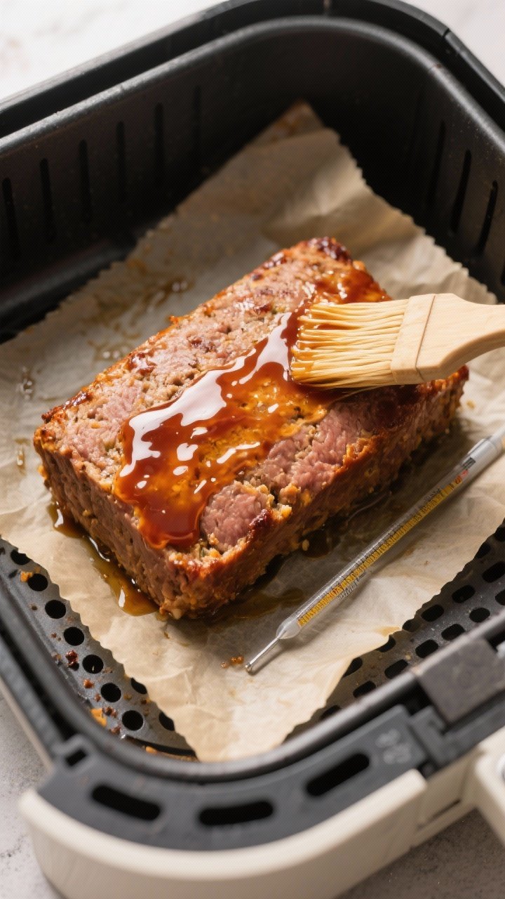 Cooking process: Overhead shot of a formed meatloaf loaf on perforated parchment inside an air fryer
