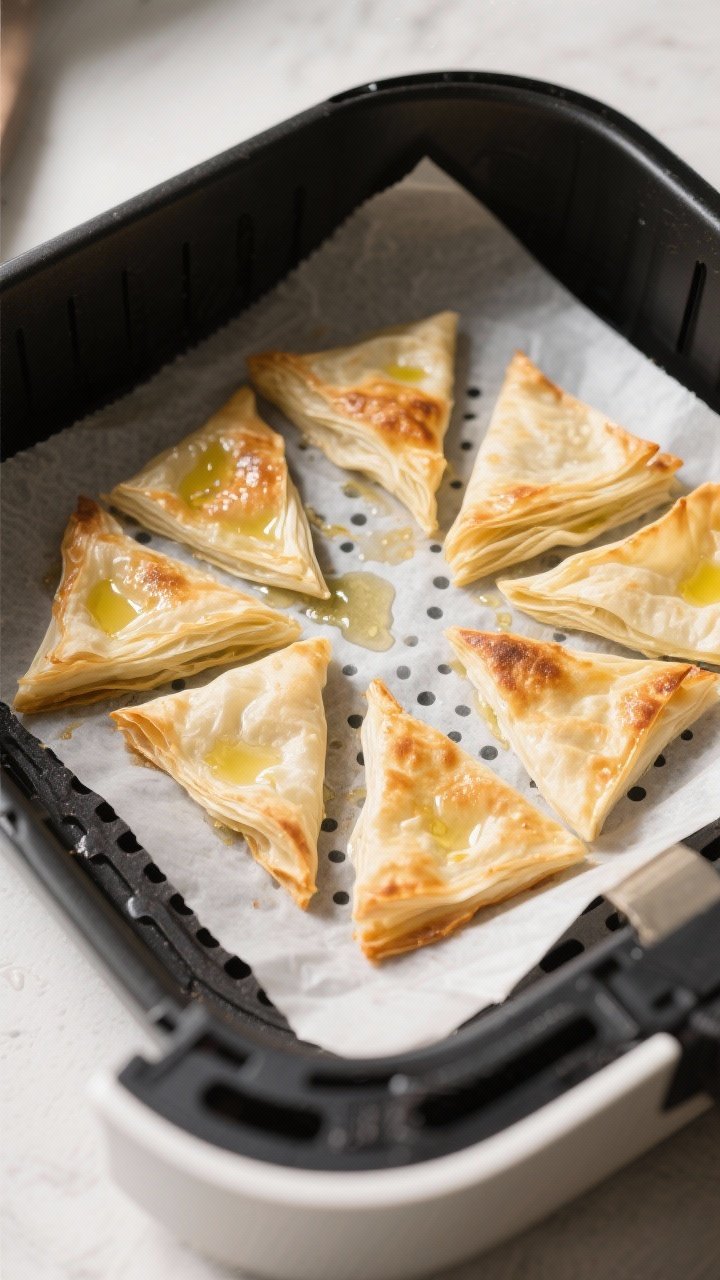 Cooking process: Overhead shot of a parchment-lined air fryer basket with a single layer of neatly f
