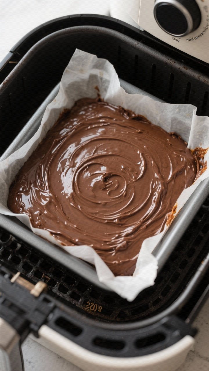 Cooking process: Overhead shot of a parchment-lined 8-inch square pan inside an air fryer basket at