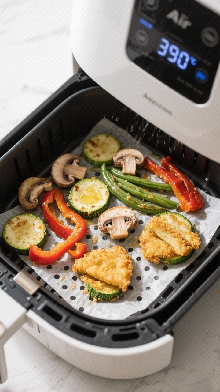Cooking process: Overhead shot of a preheated air fryer basket with a single, well-spaced layer of b