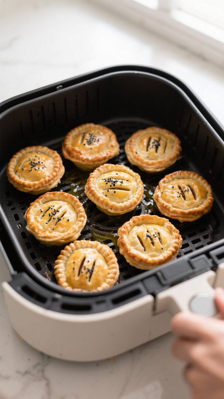 Cooking process: Overhead shot of a preheated air fryer basket with a single layer of assembled, egg