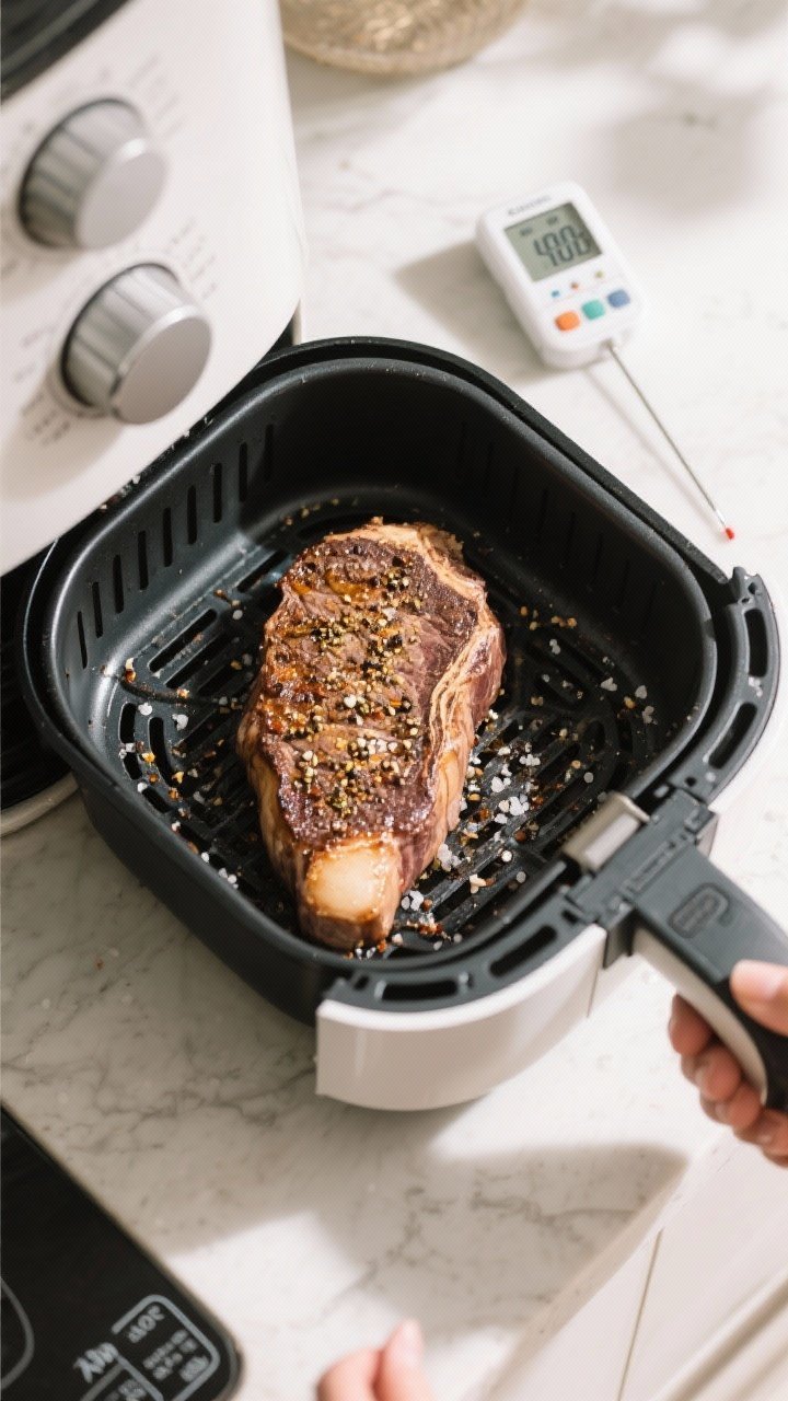 Cooking process: Overhead shot of a seasoned sirloin steak resting in a preheated air fryer basket a