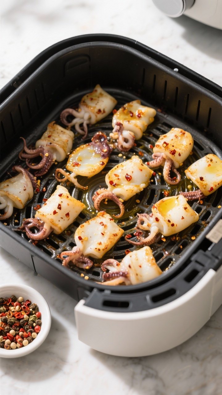 Cooking process: Overhead shot of a single air fryer basket layer with evenly spaced, lightly oiled,