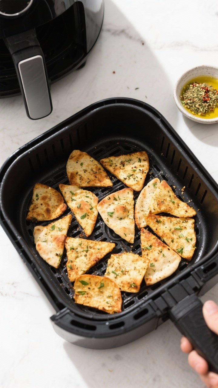 Cooking process: Overhead shot of a single air fryer basket arranged in a neat single layer of seaso