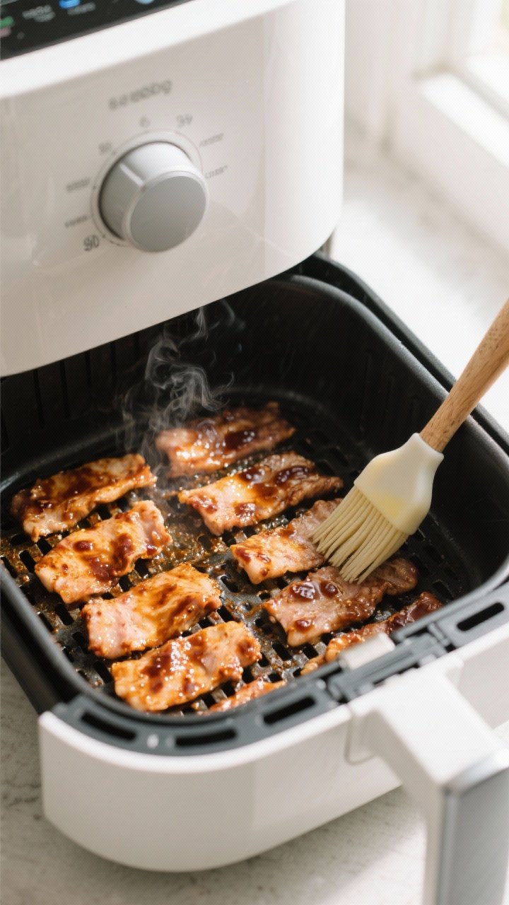 Cooking process: Overhead shot of a single-layer batch of marinated bulgogi in the air fryer mid-coo