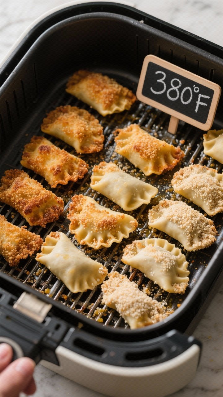 Cooking process: Overhead shot of a single-layer batch of breaded agnolotti in an air fryer basket m
