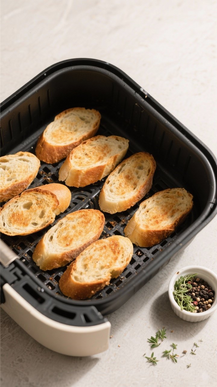 Cooking process: Overhead shot of a single layer of evenly spaced 1/2-inch baguette slices in an air