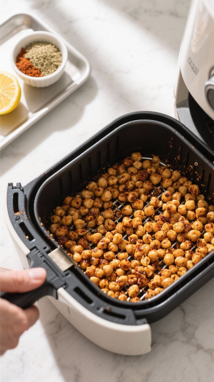 Cooking process: Overhead shot of a single-layer of spiced chickpeas in an open air fryer basket at