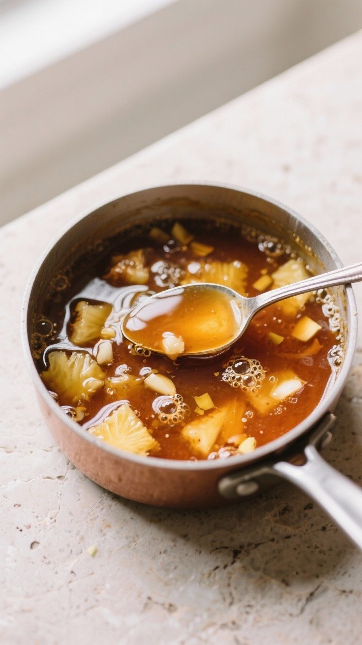 Cooking process: Overhead shot of a small saucepan of Hawaiian glaze mid-simmer—deep amber-gold pi