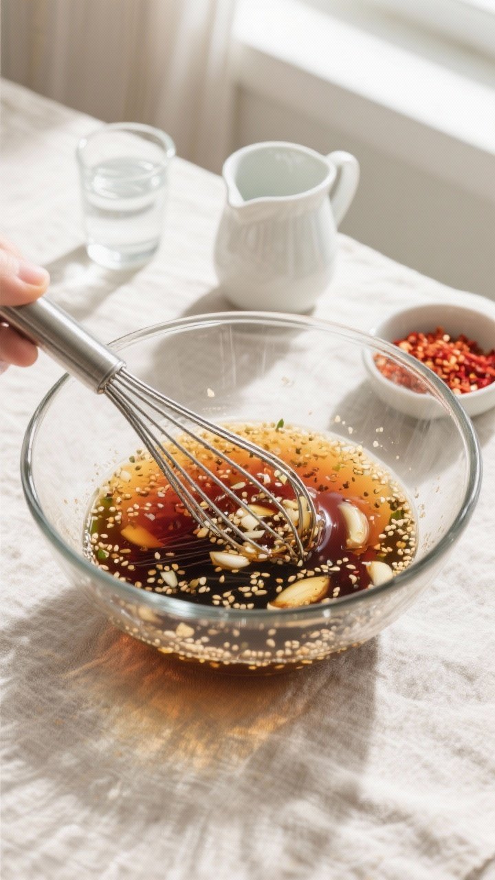 Cooking process: Overhead shot of a whisk just finishing the ponzu in a glass mixing bowl, showing t