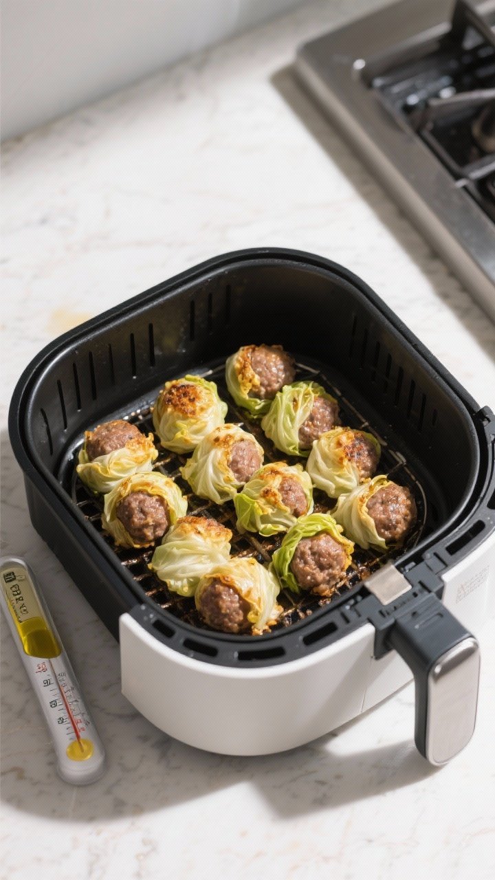 Cooking process: Overhead shot of an air fryer basket at 375°F mid-cook, showing a single layer of
