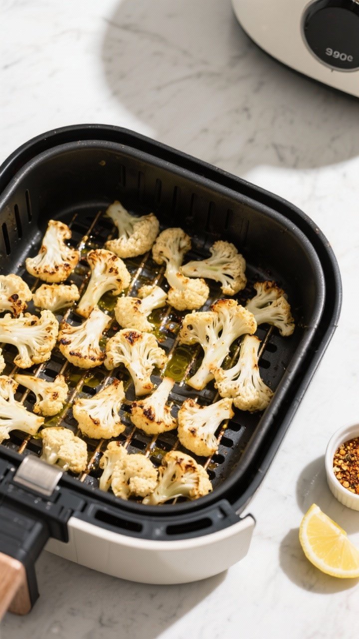 Overhead view of spanakopita triangles in the air fryer basket during cooking
