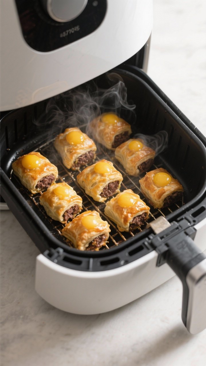 Cooking process: Overhead shot of an air fryer basket at 370°F with a single, well-spaced layer of 