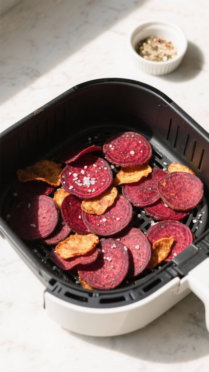 Cooking process: Overhead shot of an air fryer basket with a single, non-overlapping layer of evenly