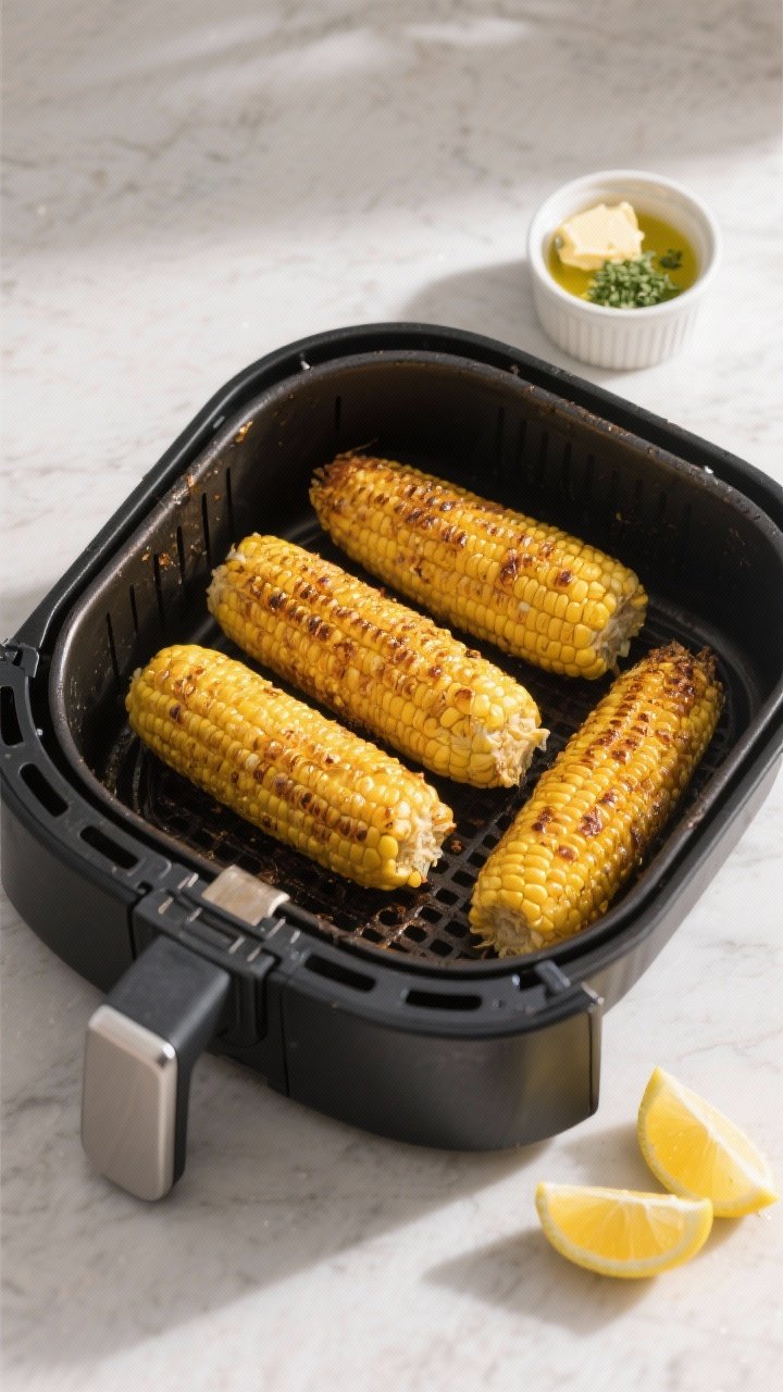 Cooking process: Overhead shot of an air fryer basket at 380°F with four oiled cobs spaced apart, m