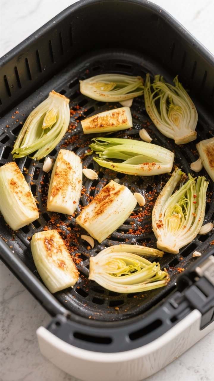 Cooking process: Overhead shot of an air fryer basket mid-cook at 380°F, fennel arranged in a singl