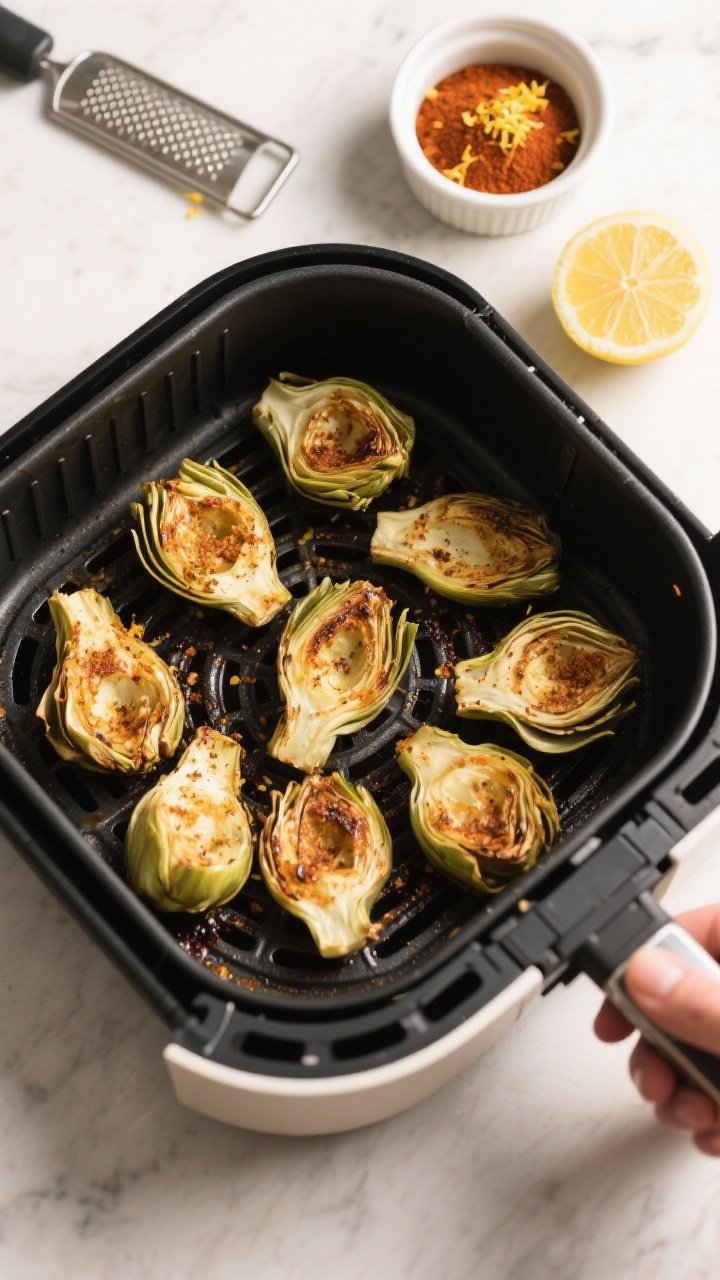 Cooking process: Overhead shot of an air fryer basket arranged in a single layer with halved and qua