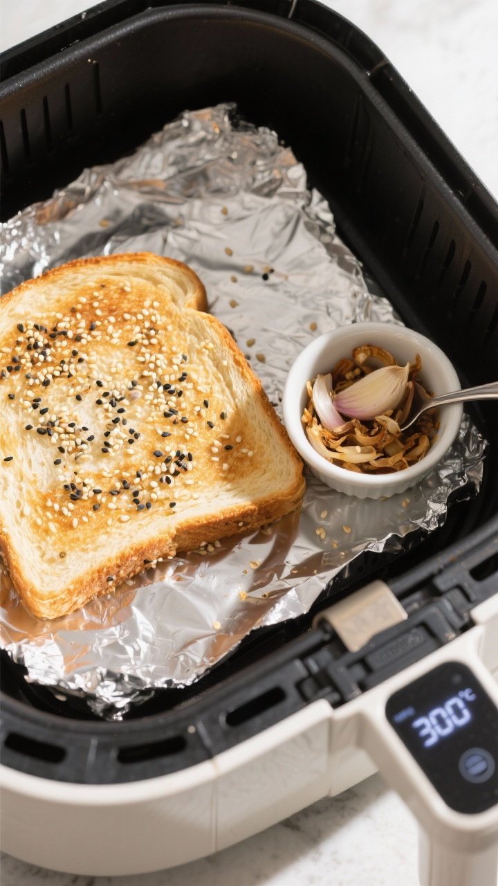 Cooking process: Overhead shot of an air fryer basket lined with a small sheet of foil showing a thi