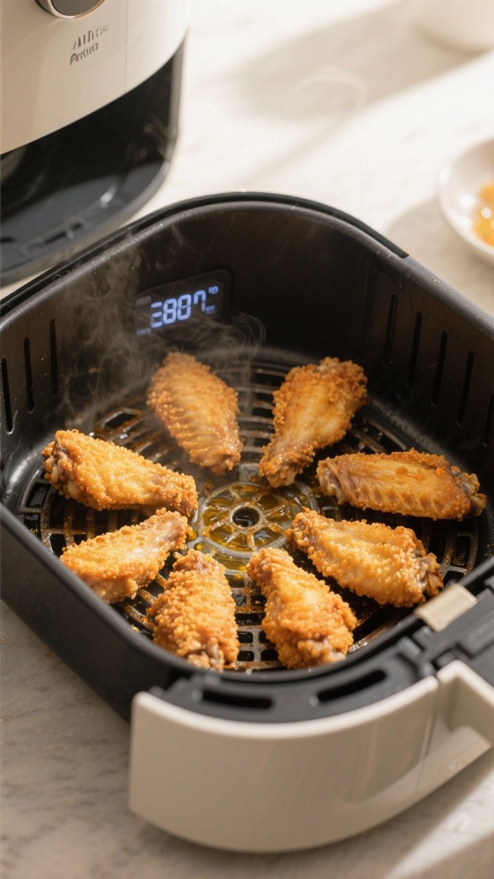 Cooking process: overhead shot of an air fryer basket loaded in a single layer with crumbed wings mi