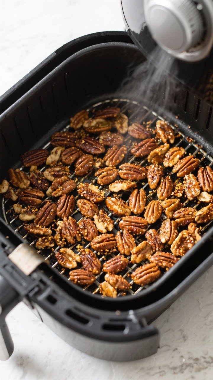 Cooking process: Overhead shot of an air fryer basket at 325°F filled with a single, even layer of 