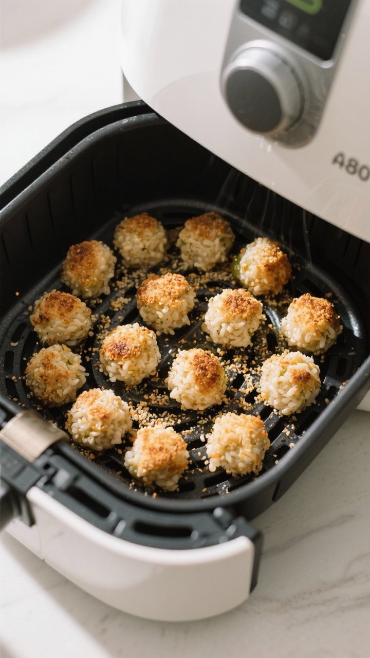 Cooking process: Overhead shot of an air fryer basket with a single layer of breaded risotto balls m