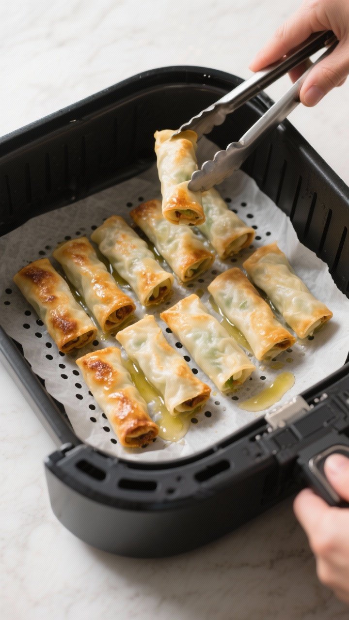Cooking process: Overhead shot of an air fryer basket mid-cook at 375°F, a single layer of evenly s