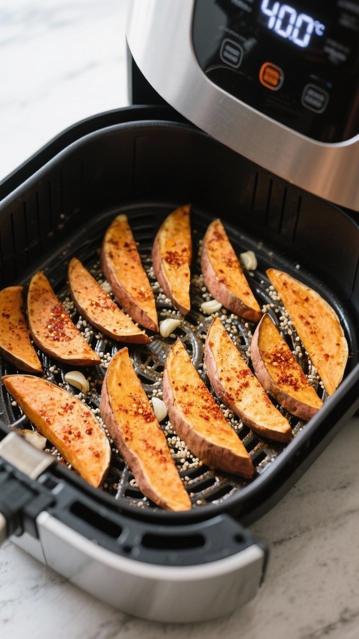 Cooking process: Overhead shot of an air fryer basket arranged in a single layer with evenly spaced 