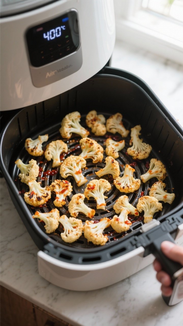 Cooking process: Overhead shot of an air fryer basket mid-cook, evenly spaced, bite-size cauliflower