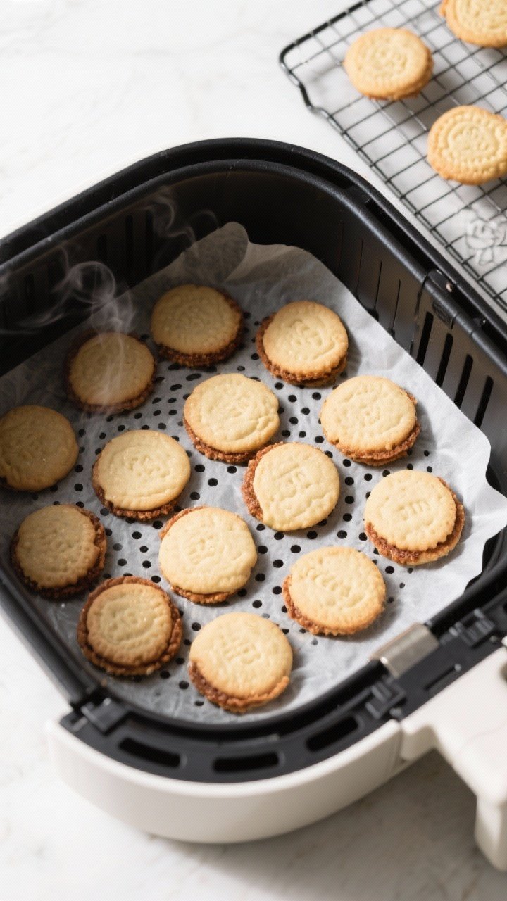 Cooking process: Overhead shot of an air fryer basket loaded with evenly spaced, gently pressed cook