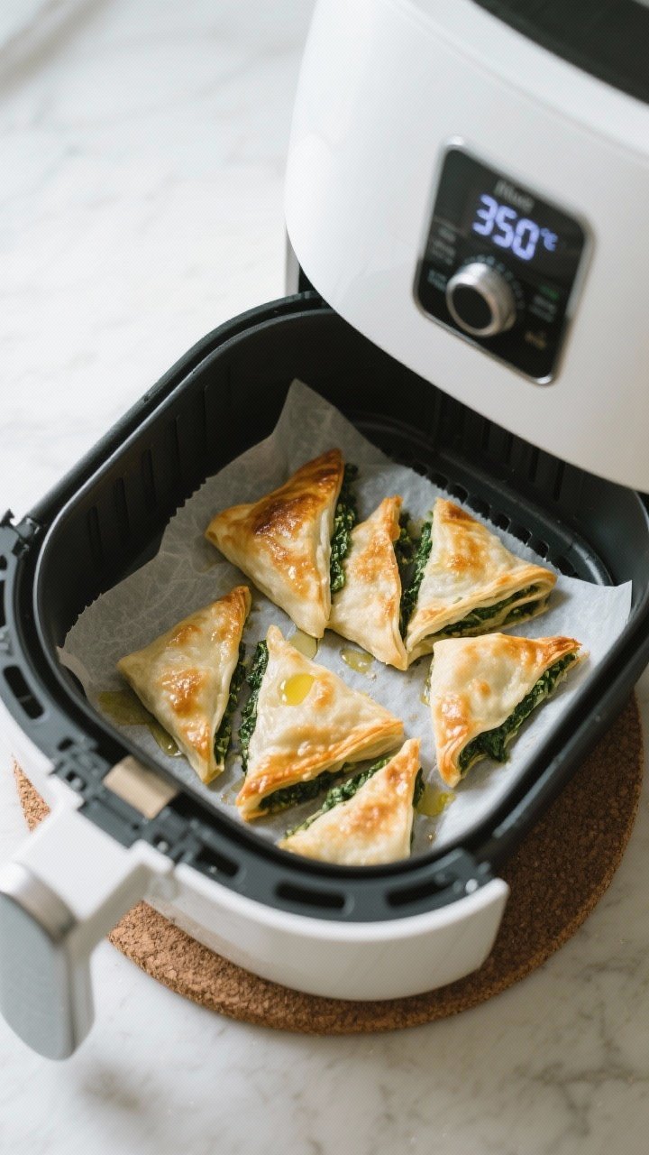 Cooking process: Overhead shot of an air fryer basket mid-cook showing a single layer of neatly fold