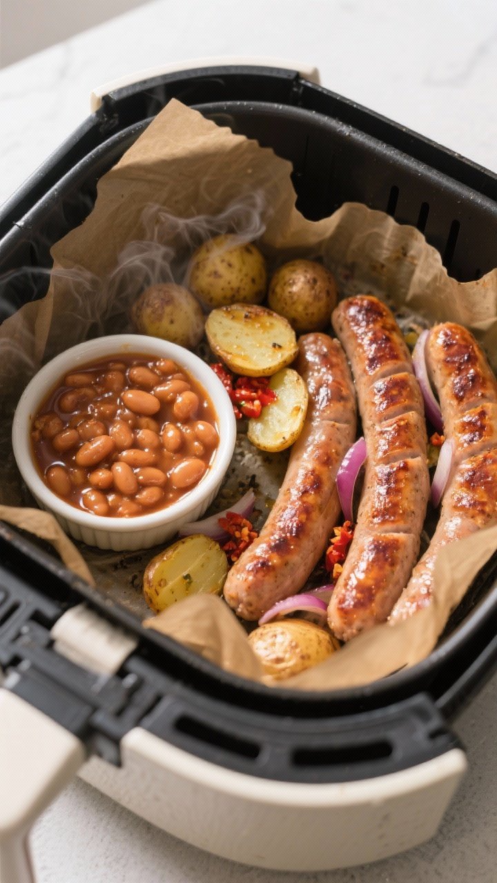 Cooking process: Overhead shot of an air fryer basket mid-cook showing segmented setup—boerewors o
